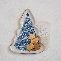 Hello Honey® 13" Blue & Cream Stoneware Christmas Tree Serving Plate with Gold Rim