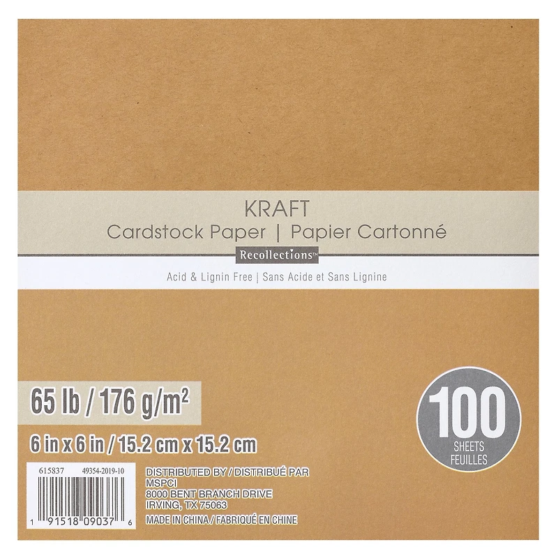Kraft 6" x 6" Cardstock Paper by Recollections™, 100 Sheets