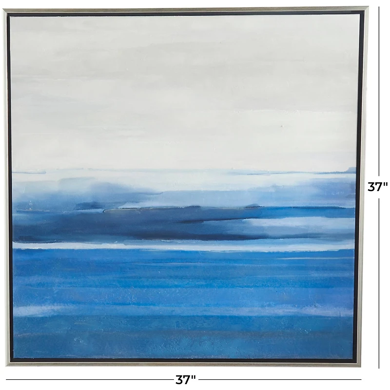 Blue Canvas Abstract Ocean Inspired Landscape Framed Wall Art with Silver Frame 37" x 1" x 37"