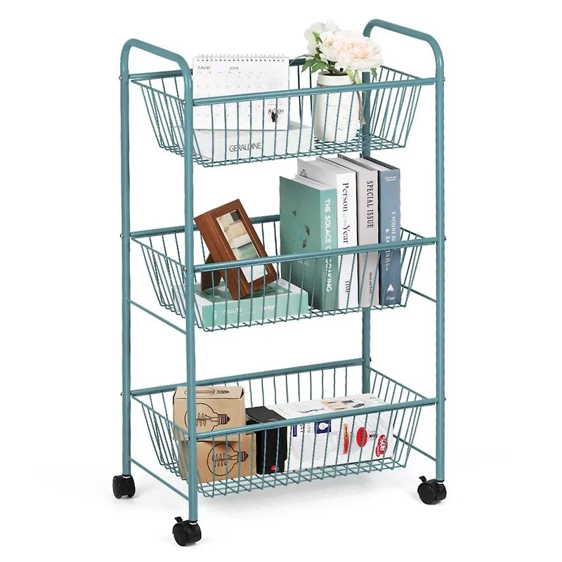 NEX™ Blue Large 3-Tier Rolling Basket Stand with Shelves & Wheels
