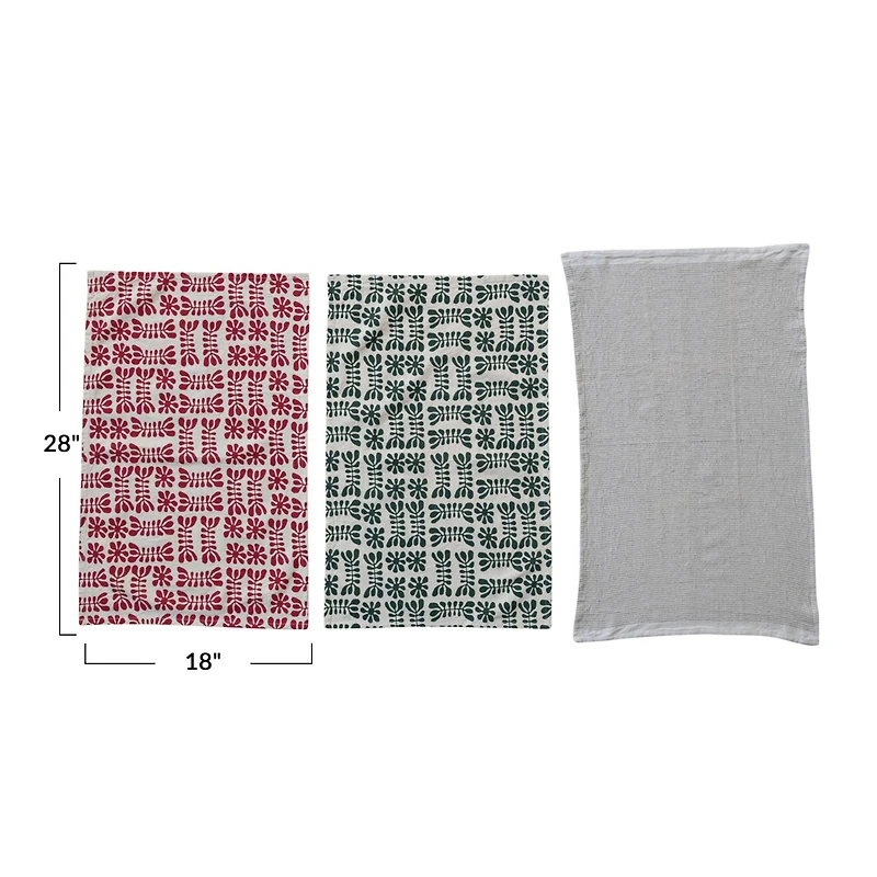 Hello Honey® Red, Green & White Printed Waffle Weave Stonewashed Cotton Tea Towels, 3ct.
