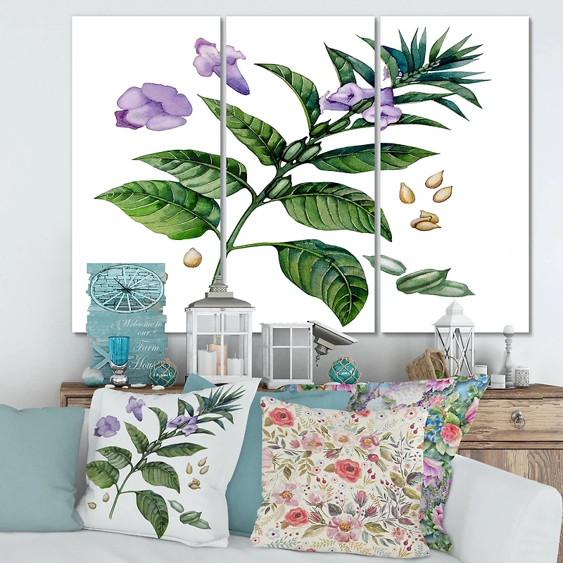 Designart - Purple Sesame Flowers WIth Green Leaves