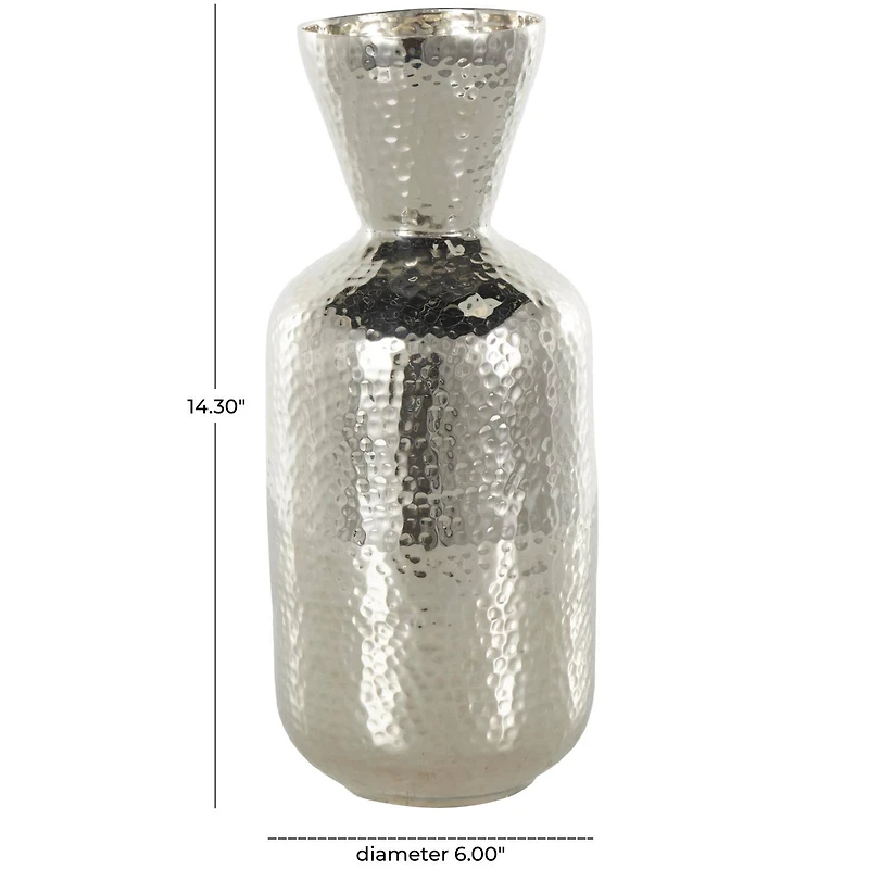 14" Silver Hammered Aluminum Vase with Cone Shaped Opening