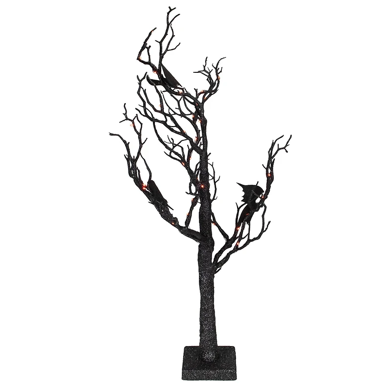 26.5" Black & Orange Glittered LED Tabletop Halloween Tree