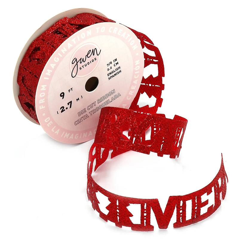 Gwen Studios 7/8" x 3yd. Die Cut "Merry" Words Christmas Ribbon