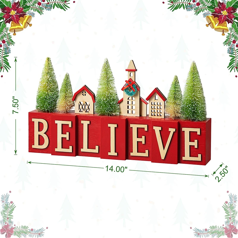 Glitzhome® 14" Christmas Believe House & Brush Trees Table Décor