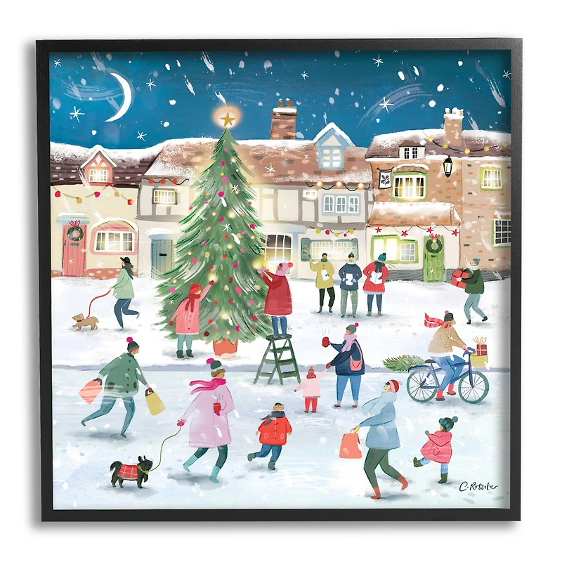 Stupell Industries Christmas Tree Town Scene Framed Giclee Art