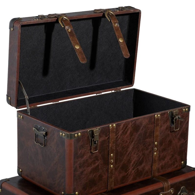 Set of 3" Brown Leather Traditional Trunk, 19", 24", 27"