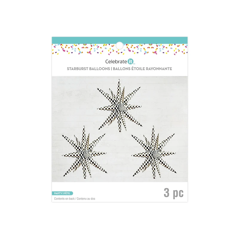 26" Black & White Checker Starburst Foil Balloons, 3ct. by Celebrate It™