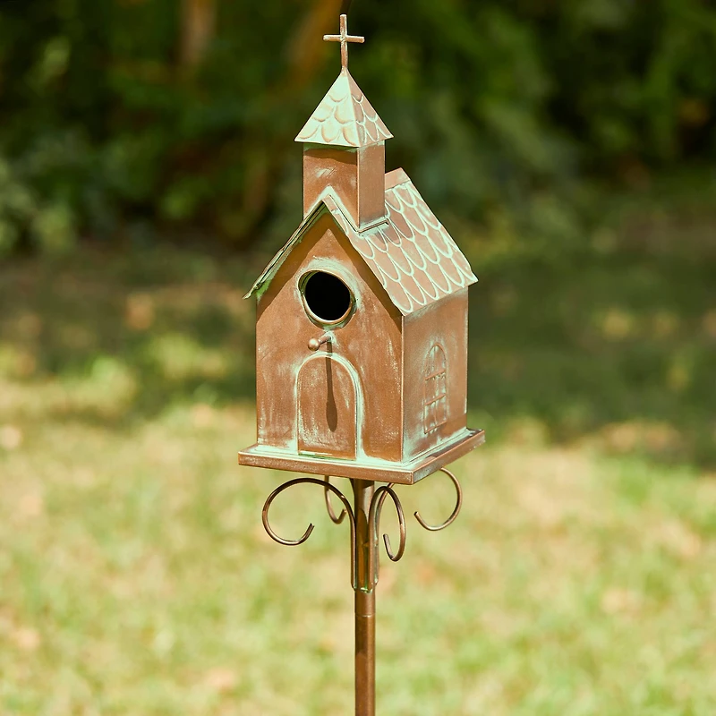 Glitzhome® 4ft. Faux Copper Distressed Metal Church Birdhouse with Stake