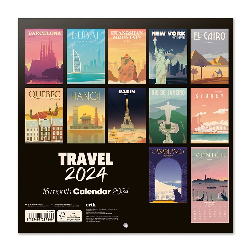 TF Publishing 2024 Travel Bilingual Wall Calendar