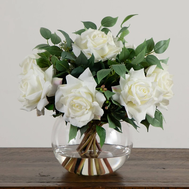 Wedding Collection 16in. Artificial Roses and Mixed Greens Arrangement in Glass Vase