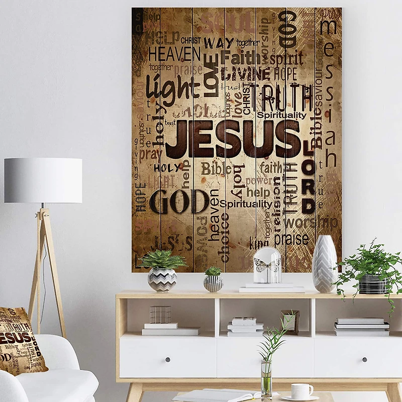 Designart - Jesus' word cloud in grunge background - Religious Contemporary Print on Natural Pine Wood