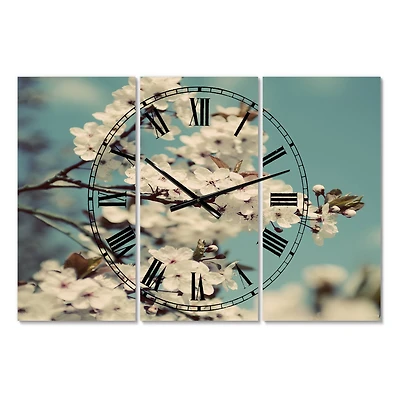 Designart White Spring Blossom Oversized Cottage 3 Panel Wall Clock