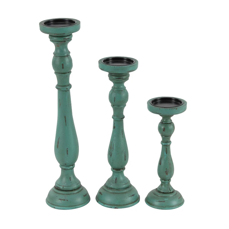 Turquoise Wood Traditional Candle Holder Set