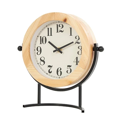 10" Light Brown Wood Clock with Curved Black Metal Stand & Ball Details