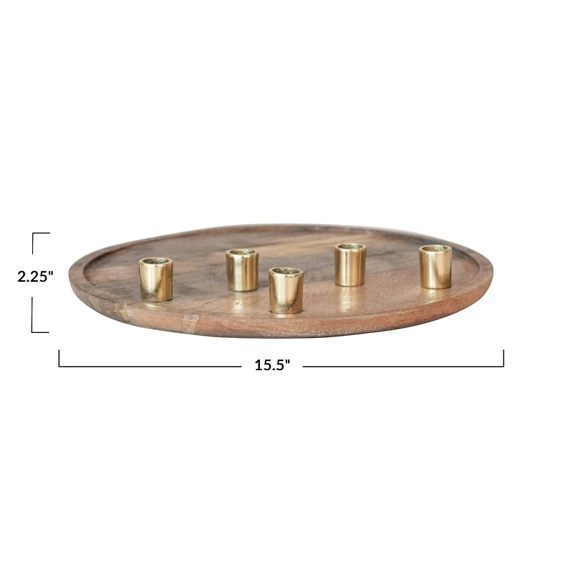 Hello Honey® 15.5" Decorative Natural & Gold Finish Mango Wood & Aluminum Tray Taper Candleholder