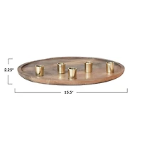 Hello Honey® 15.5" Decorative Natural & Gold Finish Mango Wood & Aluminum Tray Taper Candleholder