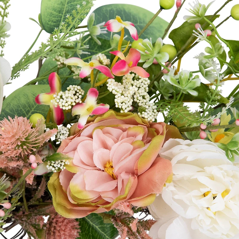 26" Pink & Yellow Rose & Hydrangea Floral Spring Wreath