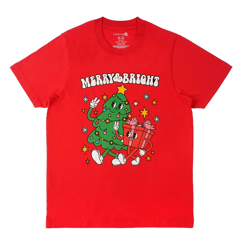 Red Merry & Bright Cartoon Adult Crew Neck T-Shirt by Celebrate It