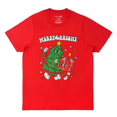 Red Merry & Bright Cartoon Adult Crew Neck T-Shirt by Celebrate It