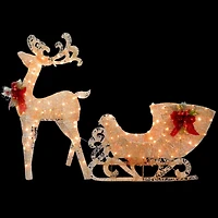 48" Champagne Reindeer Pulling Sleigh, White LED Lights