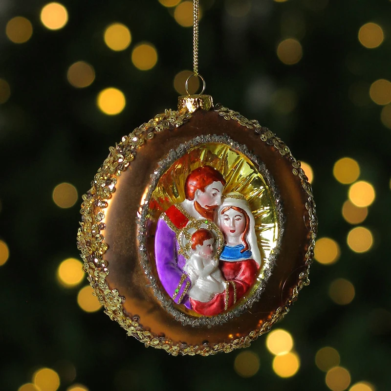 4" Joseph, Mary & Baby Jesus Glass Disc Ornament