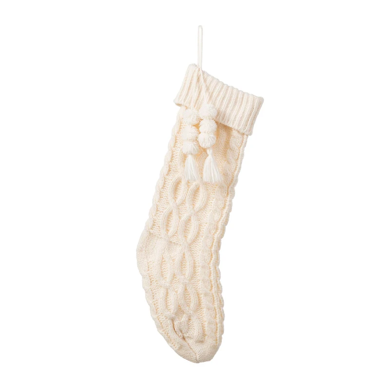 Glitzhome® 22"L White Knitted Christmas Stocking with Pom-Pom Tassel