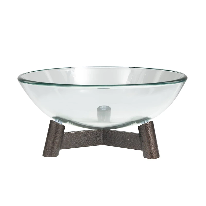 9" Clear Glass Serving Bowl with Bronze Hammered Y-Shaped Stand