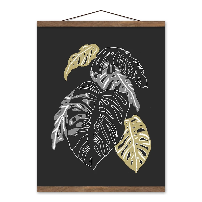 Gold & Silver Monstera Teak Hanging Canvas