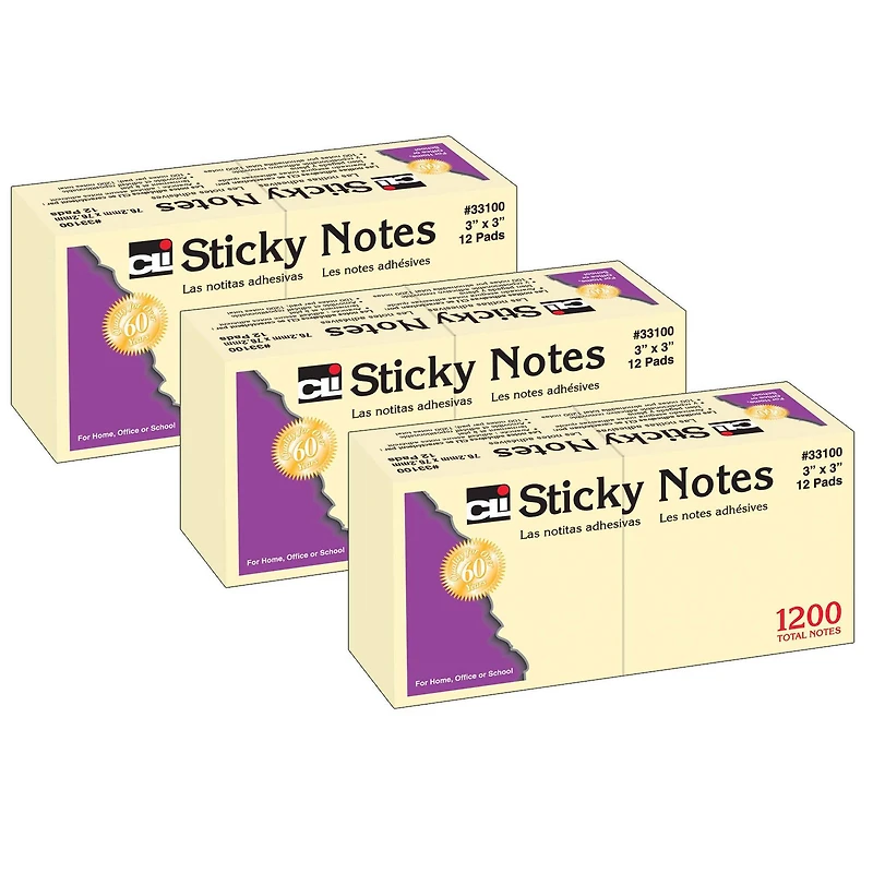 Charles Leonard 3" x 3" Yellow Sticky Notes, 36 Pads of 100 Sheets