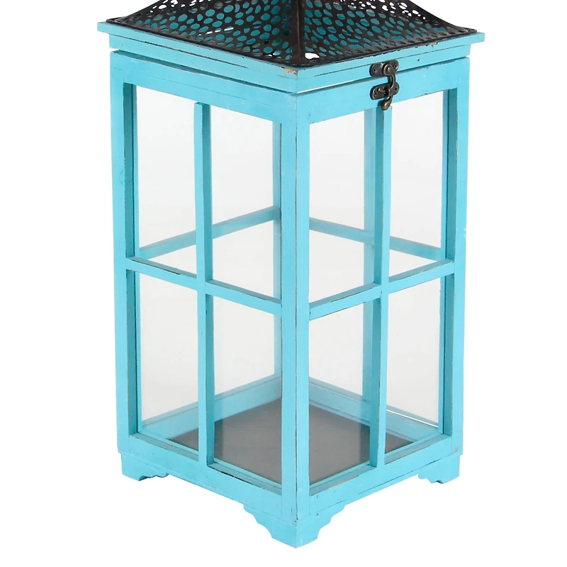 Set of 2" Turquoise Wood Coastal Lantern, 21", 26"