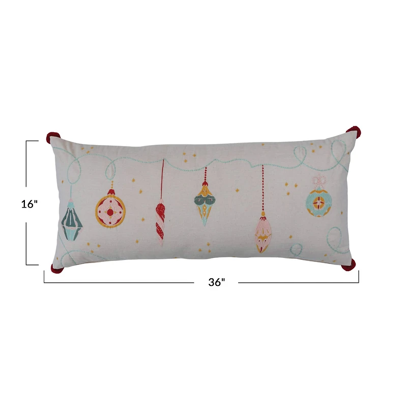 Hello Honey® 36" Multicolor Embroidered Ornaments & Pom Poms Cotton Slub Lumbar Pillow