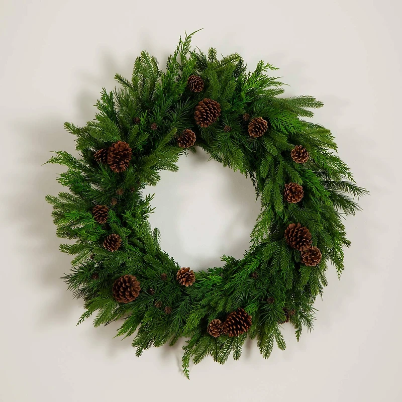 30in. Artificial Norfolk Mixed Pine Wreath with Pinecones