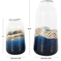 Dark Blue Glass Abstract Textured Swirl Decorative Vase Set with Gold & Cream Accents