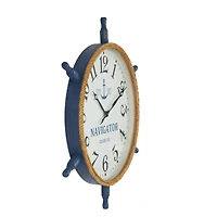 33" White & Blue Wood & Rope Ship Wheel Decorative Wall Clock