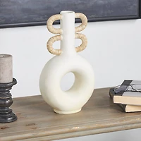 16" Cream Round Speckled Vase with Woven Inspired Arched Handles & Cutout Opening