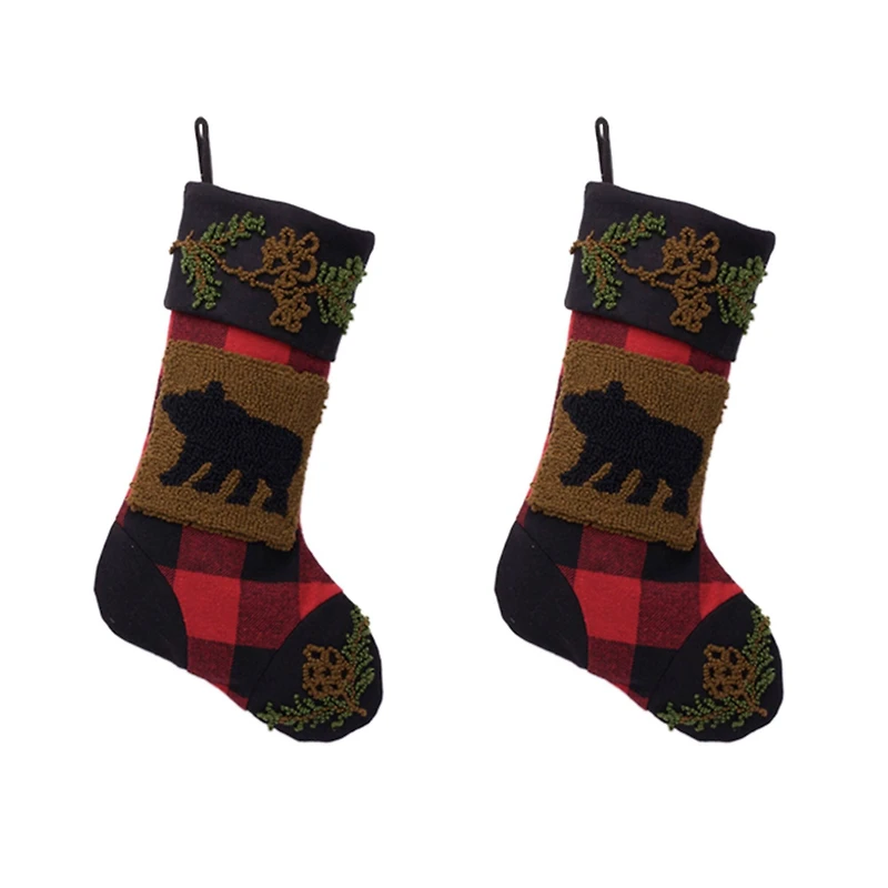 Glitzhome® 22" Red & Black Plaid Bear Stockings, 2ct.