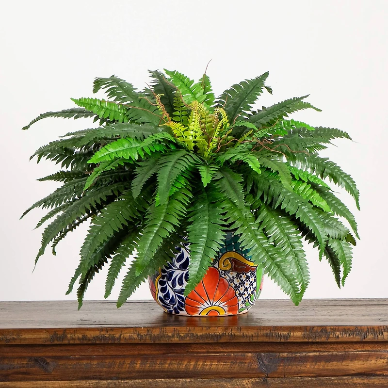 3.5ft Artificial Double Boston Fern in Handmade Mexican Talavera Ceramic Planter