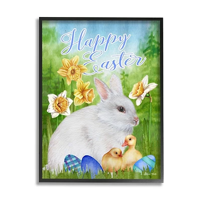 Stupell Industries Happy Easter Spring Bunny Rabbit Phrase Baby Chicks Framed Giclee Art
