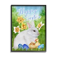Stupell Industries Happy Easter Spring Bunny Rabbit Phrase Baby Chicks Framed Giclee Art