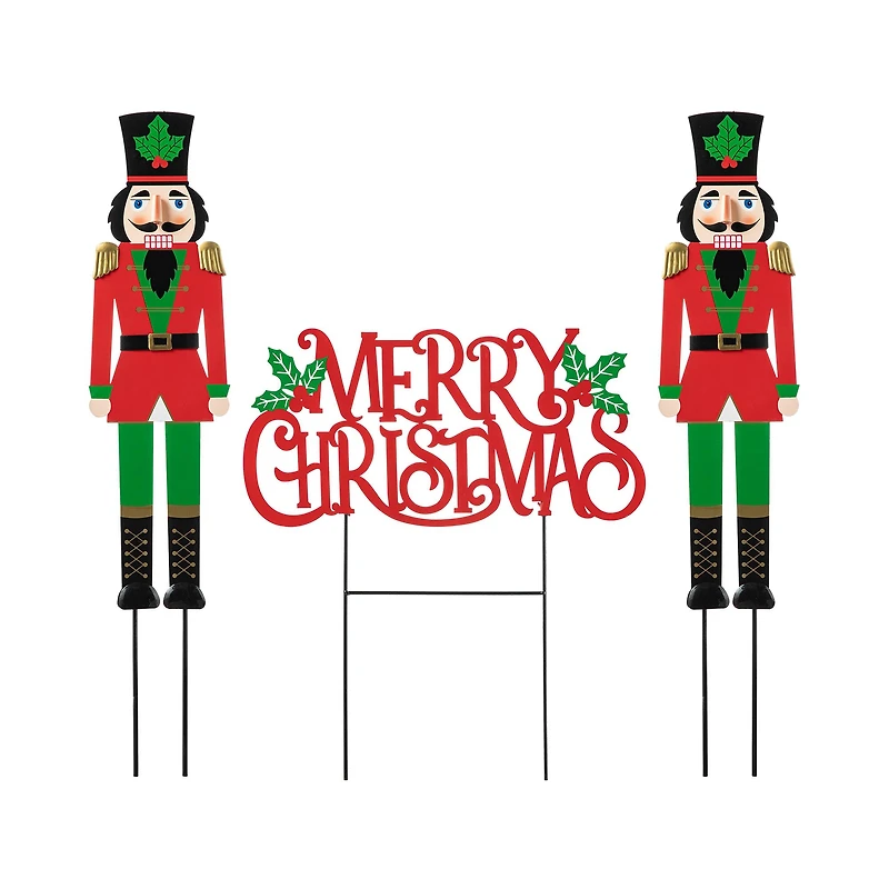 Glitzhome® Metal Nutcrackers & "MERRY CHRISTMAS" Yard Stake Set