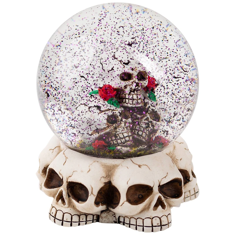 LED Lighted Skulls and Roses Halloween Snow Globe with Sound - 6"