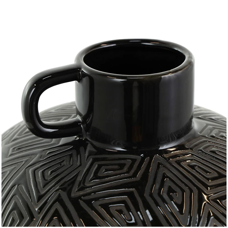 19" Black Ceramic Vase with Geometric Etchings