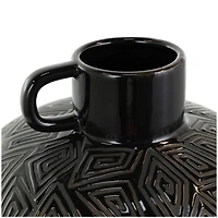 19" Black Ceramic Vase with Geometric Etchings