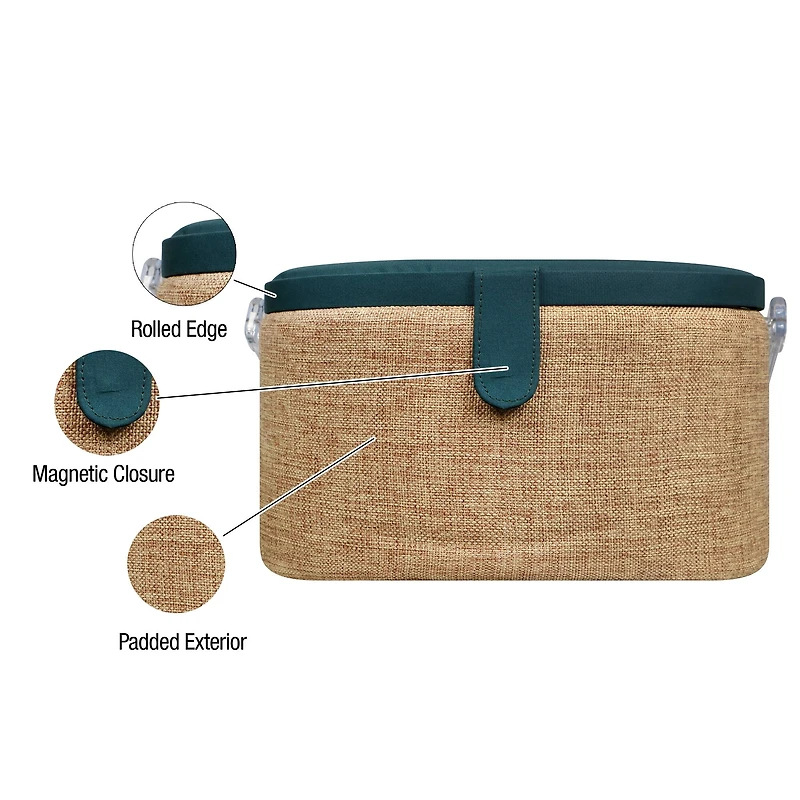 SINGER® Large Burlap Fabric Premium Round Sewing Basket with Travel Sewing Kit