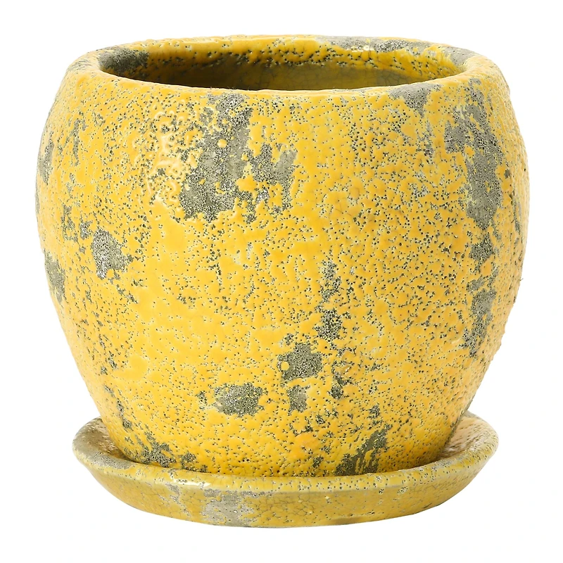 Hello Honey® 5" Distressed Yellow Terra Cotta Planter with Saucer Set