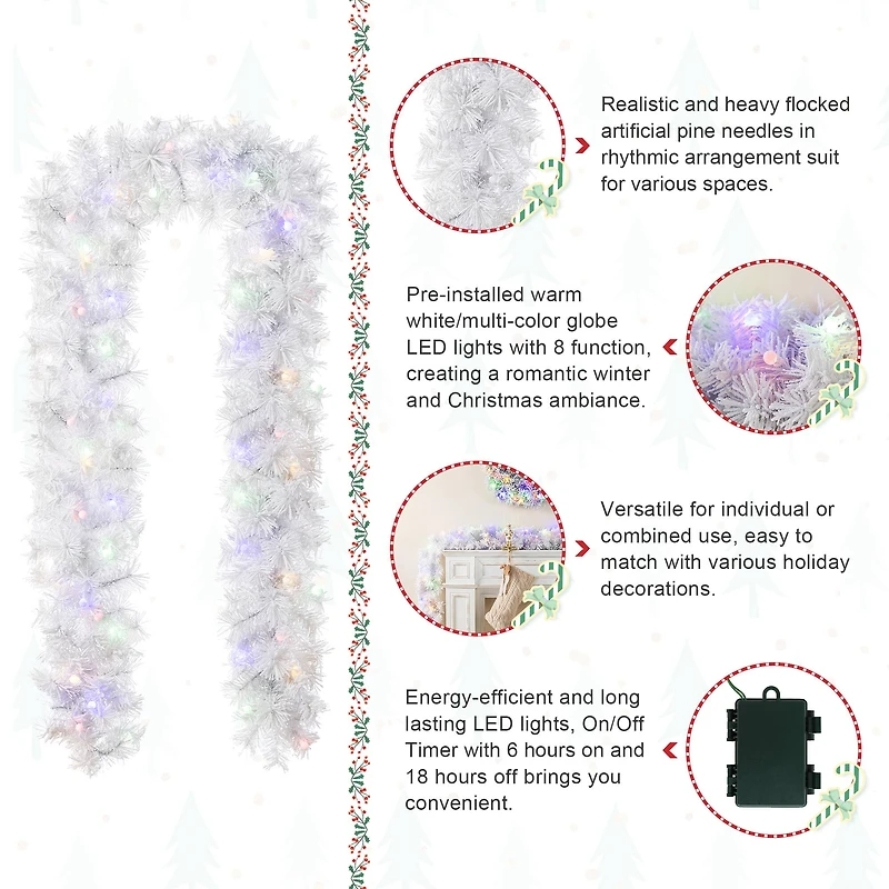 Glitzhome® 9ft Pre-Lit Snow Flocked White Pine Christmas Garland with Timer