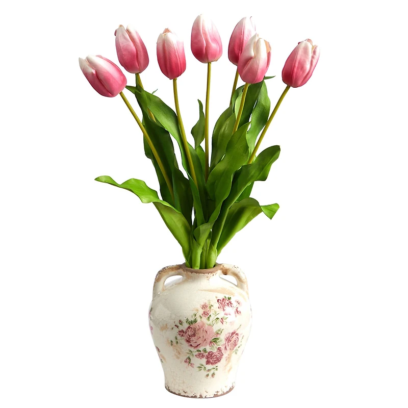 22" Pink Dutch Tulip Arrangement in Flower Print Jar