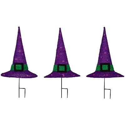 14" LED Lighted Purple Witches Hat Outdoor Halloween Pathway Markers, 3ct.